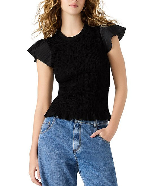 Black Cecilie Short Sleeve Smocked Top