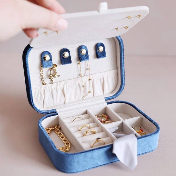 Navy Blue Velvet Rectangular Travel Jewelery Case