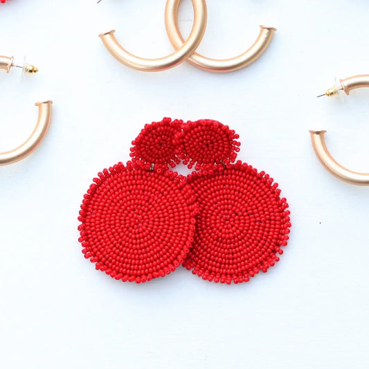 Red Beaded Drop Disc Earrings