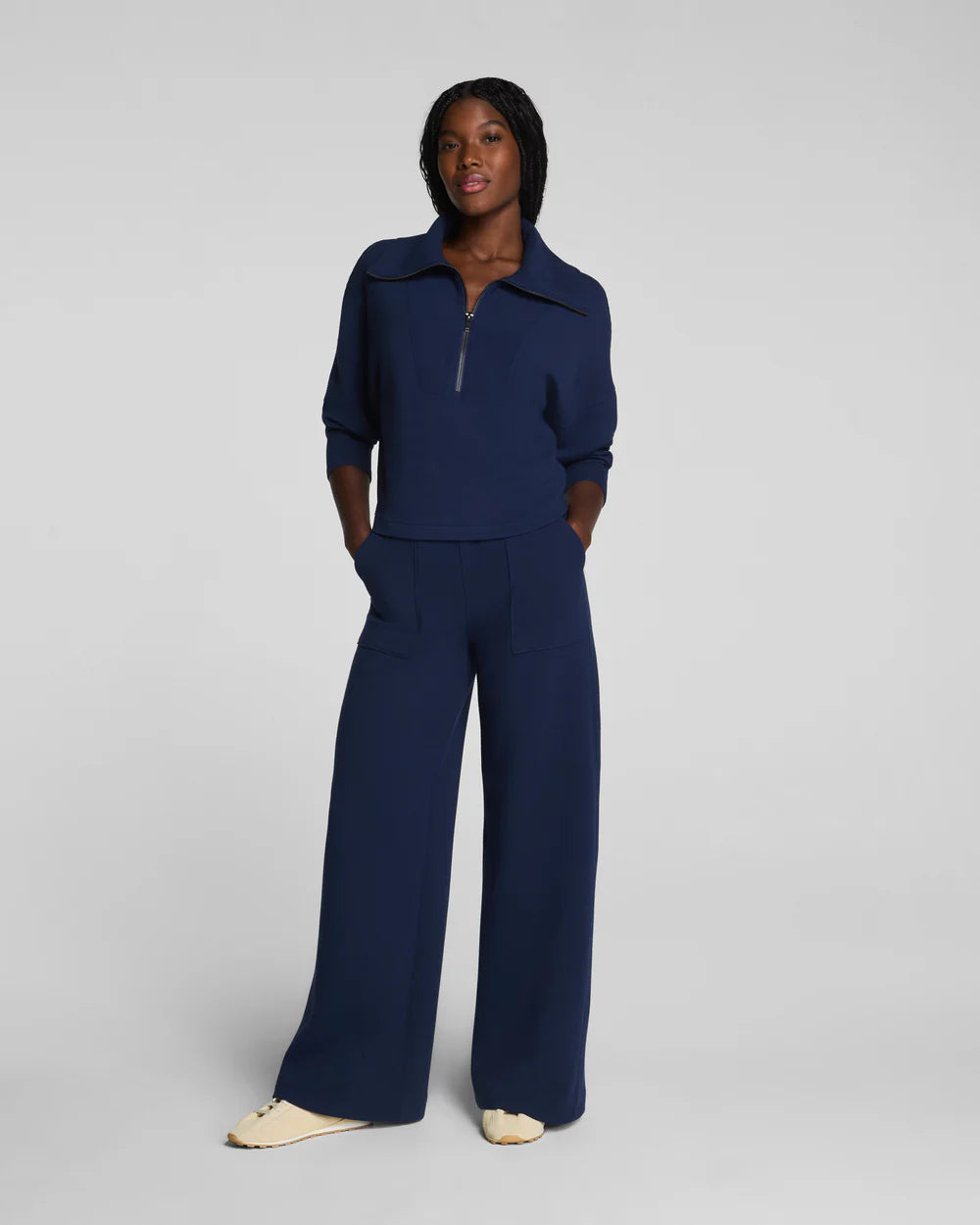 Navy French Rib Wide Leg Pant