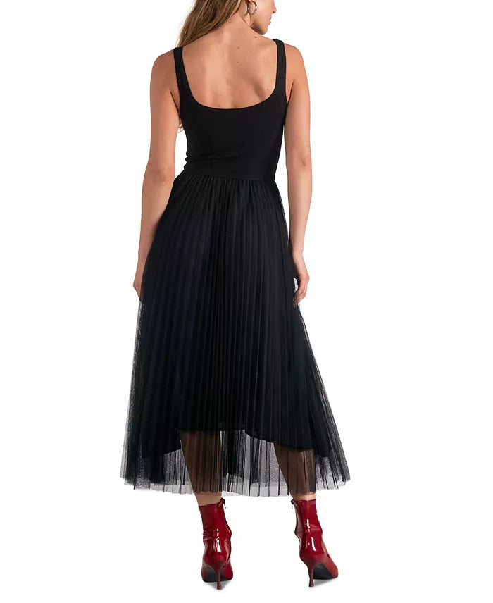 Black Tulle-Trim Scoop-Neck Dress