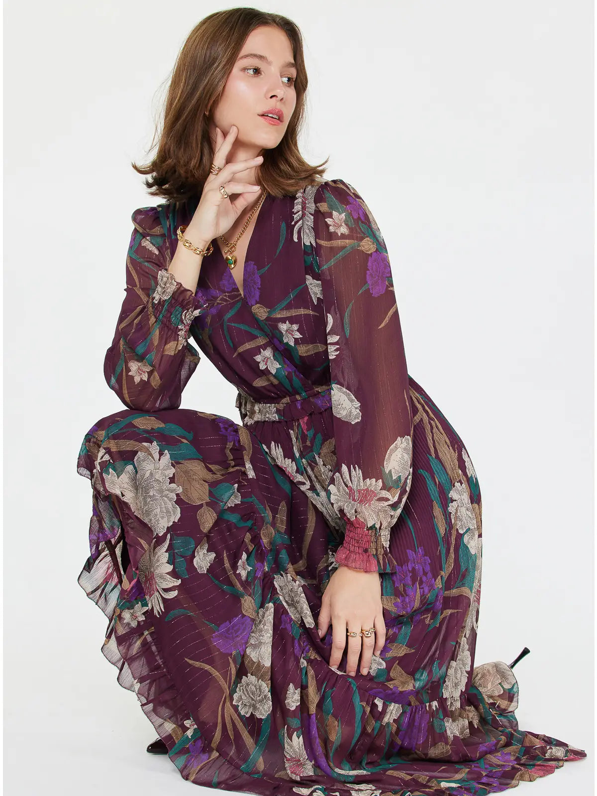 Floral Surplice Pleated Maxi Dress