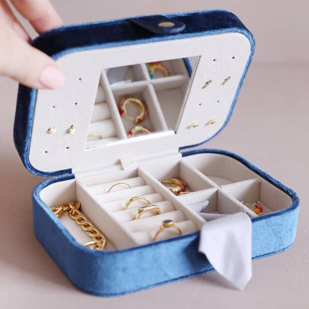 Navy Blue Velvet Rectangular Travel Jewelery Case