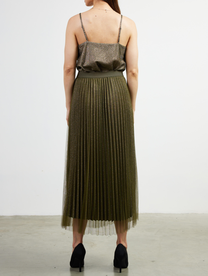 Shimmery Pleated Midi Skirt - Olive