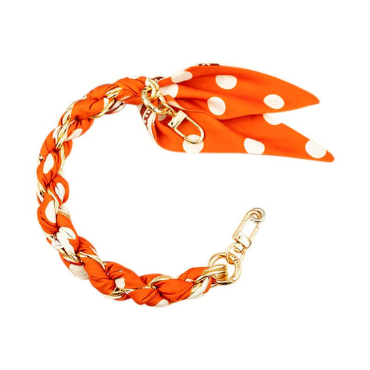 Gold Phone Chain with Scarf Orange and White Dots