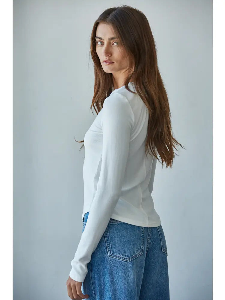 Knit Ribbed Long Sleeve Half Button Up Top