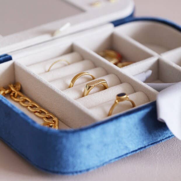 Navy Blue Velvet Rectangular Travel Jewelery Case