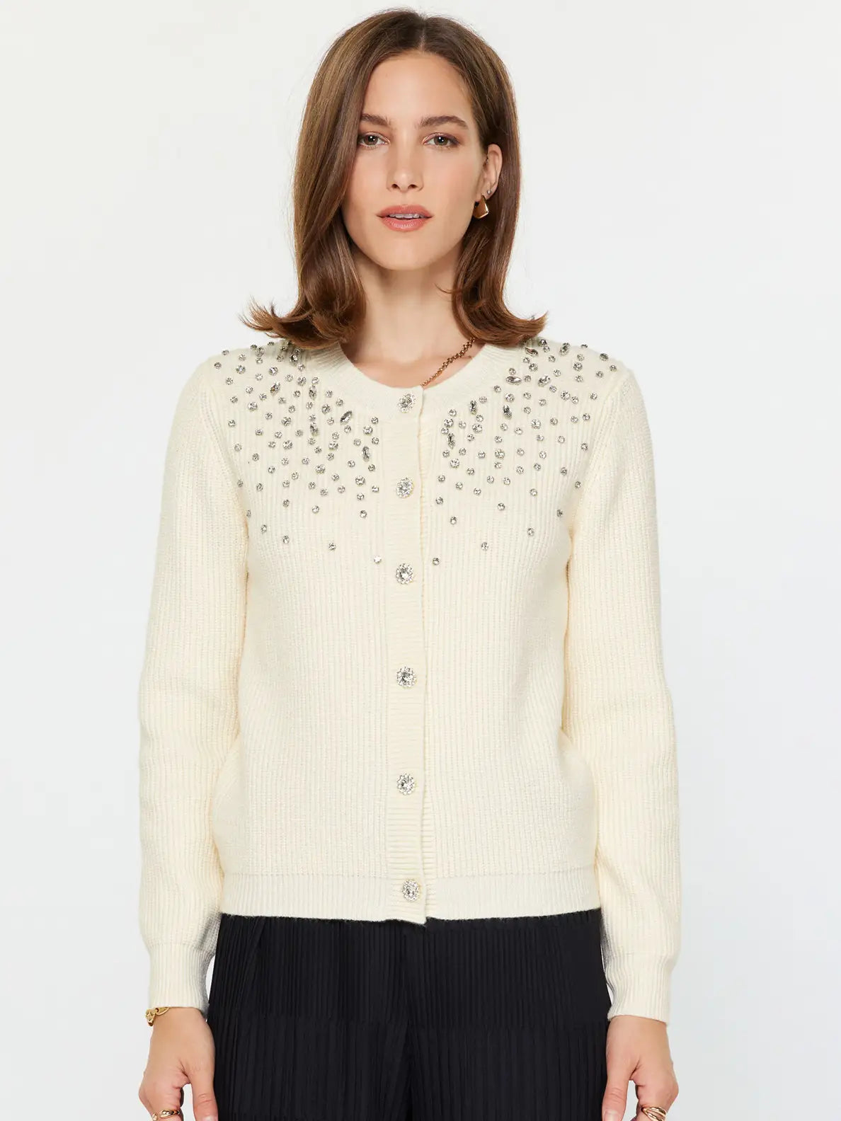 Crystal Beaded Detail Cardigan - Ivory