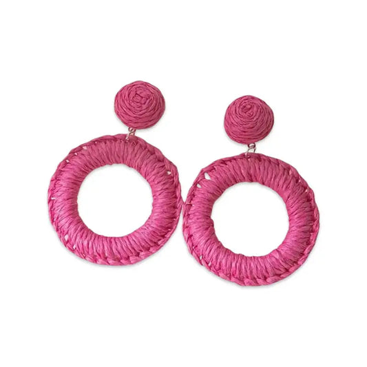 Hot Pink Raffia Drop Hoop Earrings