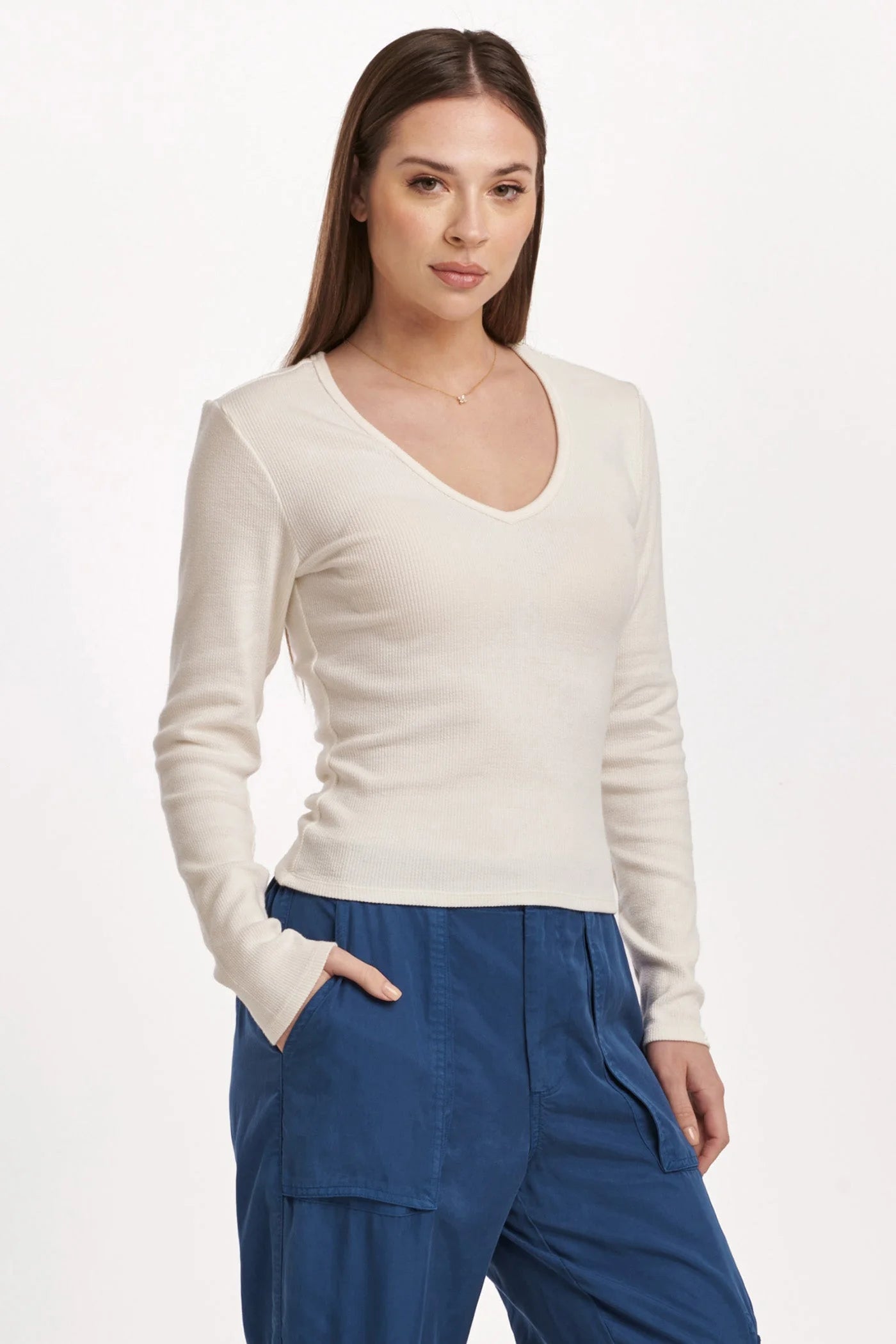 White V Neck Long Sleeve Top