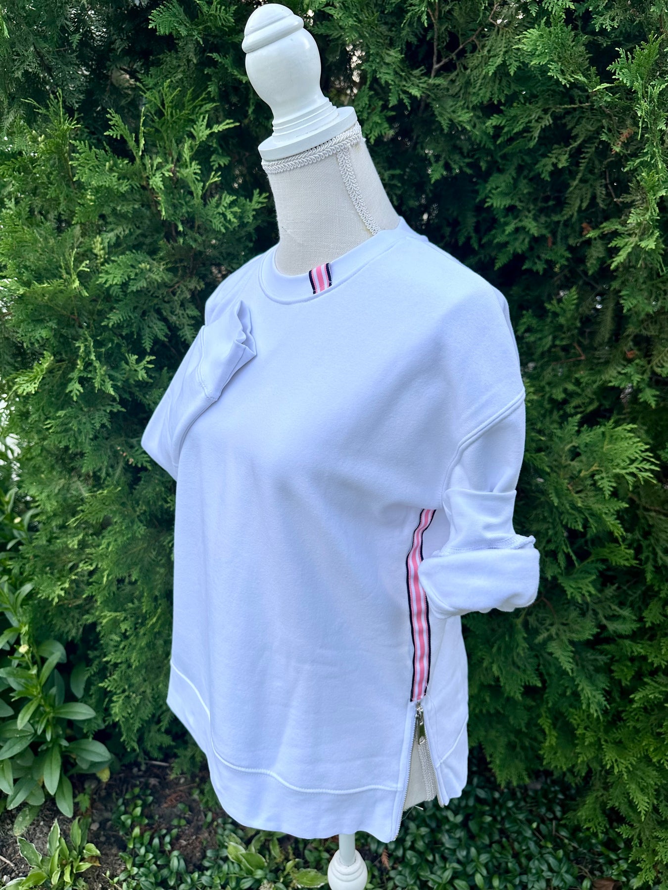 White Crew Neck Sweatshirt - White w Navy & Pink Stripe Ribbon