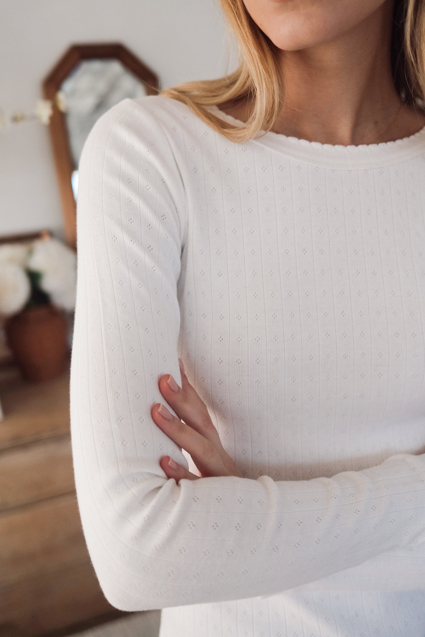 Pointelle Long Sleeve Crewneck - White