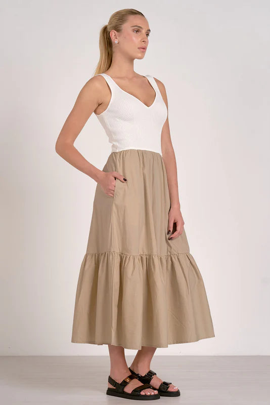 V Neck White/Tan Dress