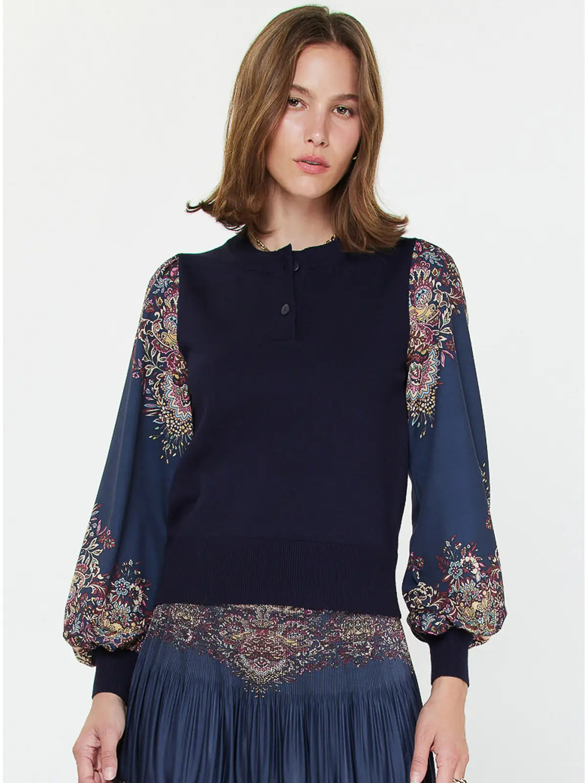 Paisley Printed Woven Combo Sweater