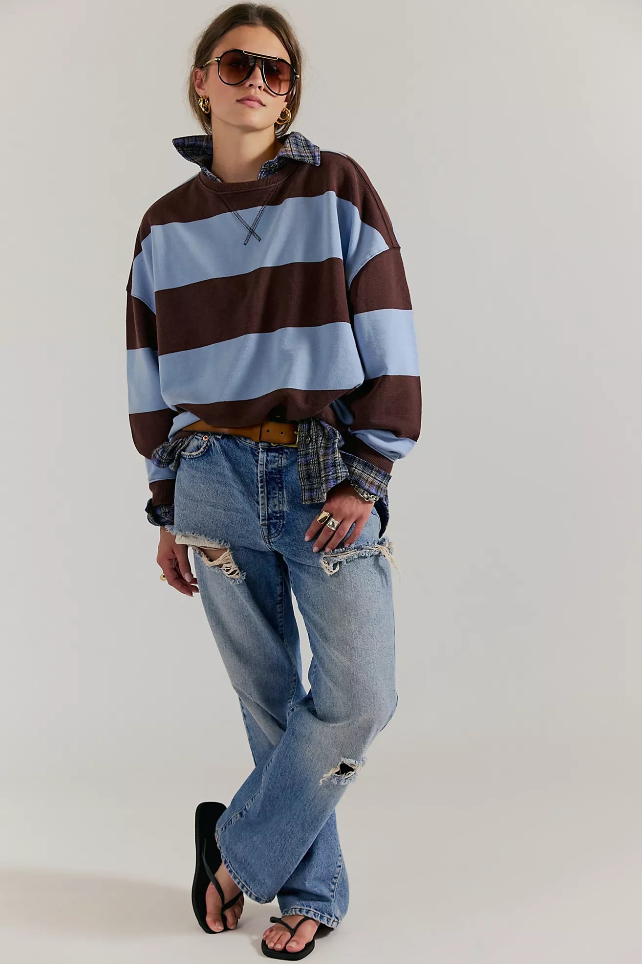 Striped Crewneck- Blue and Brown