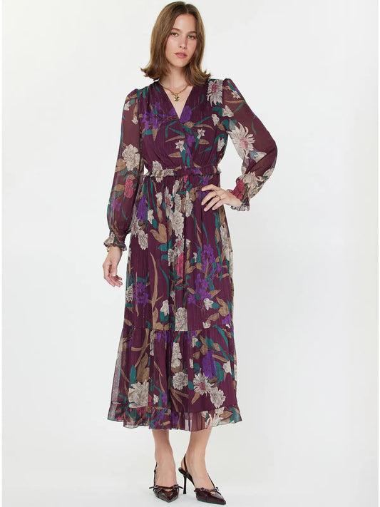 Floral Surplice Pleated Maxi Dress