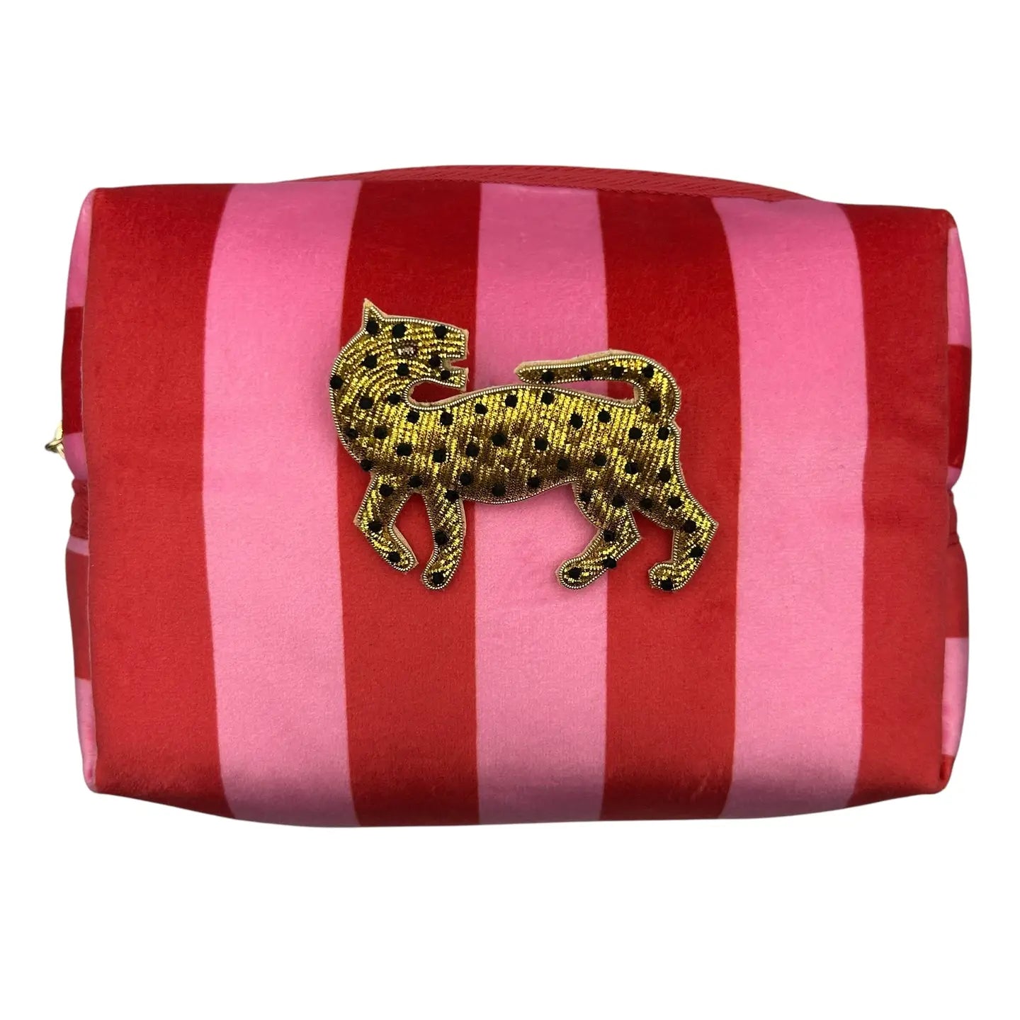 Pink Stripe Make-Up Bag & Leopard Brooch
