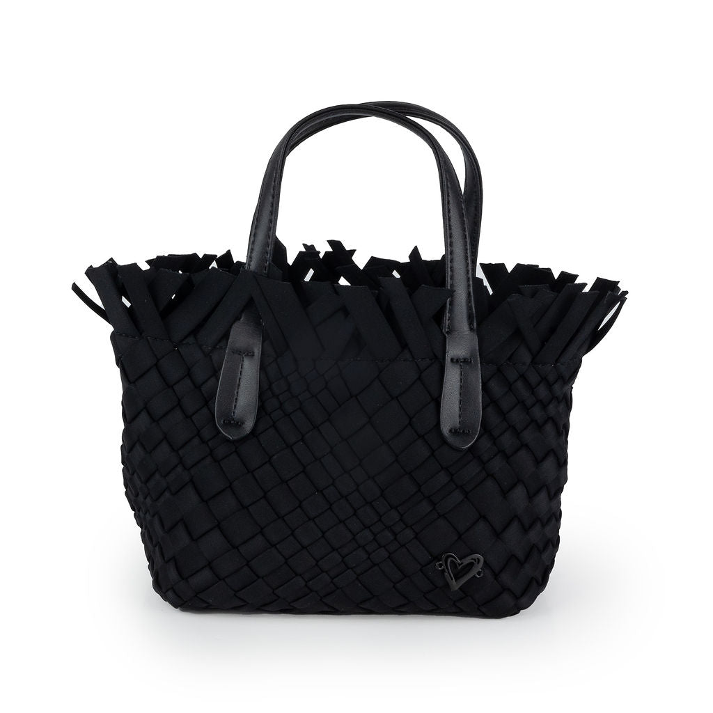Black Barrie Mini Woven Tote (Fringe Top)