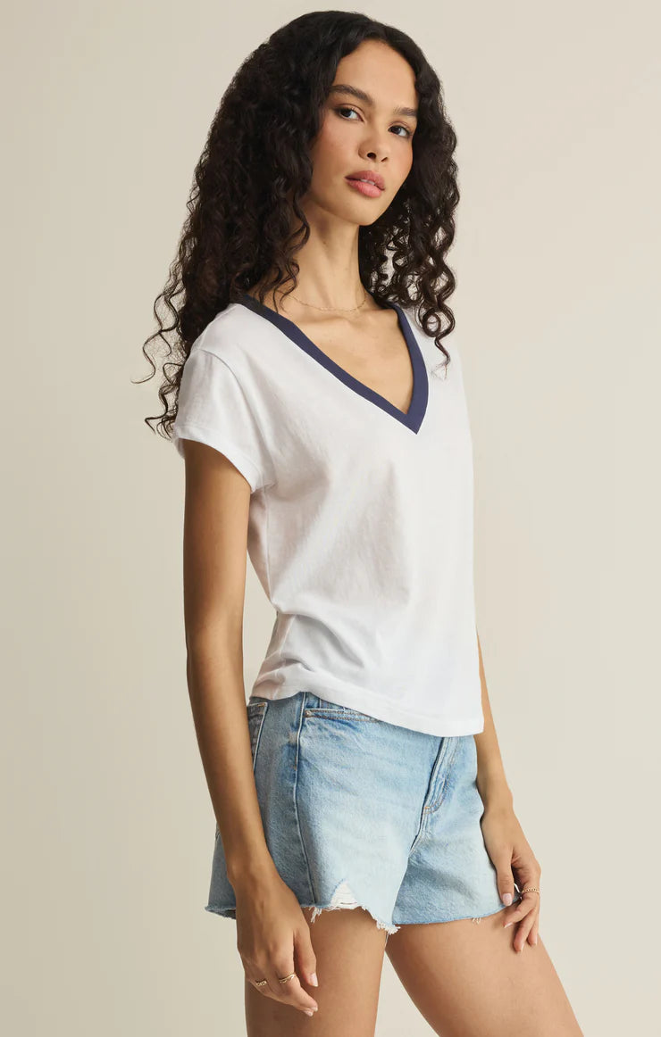 V Neck Tee - White With Blue Trim