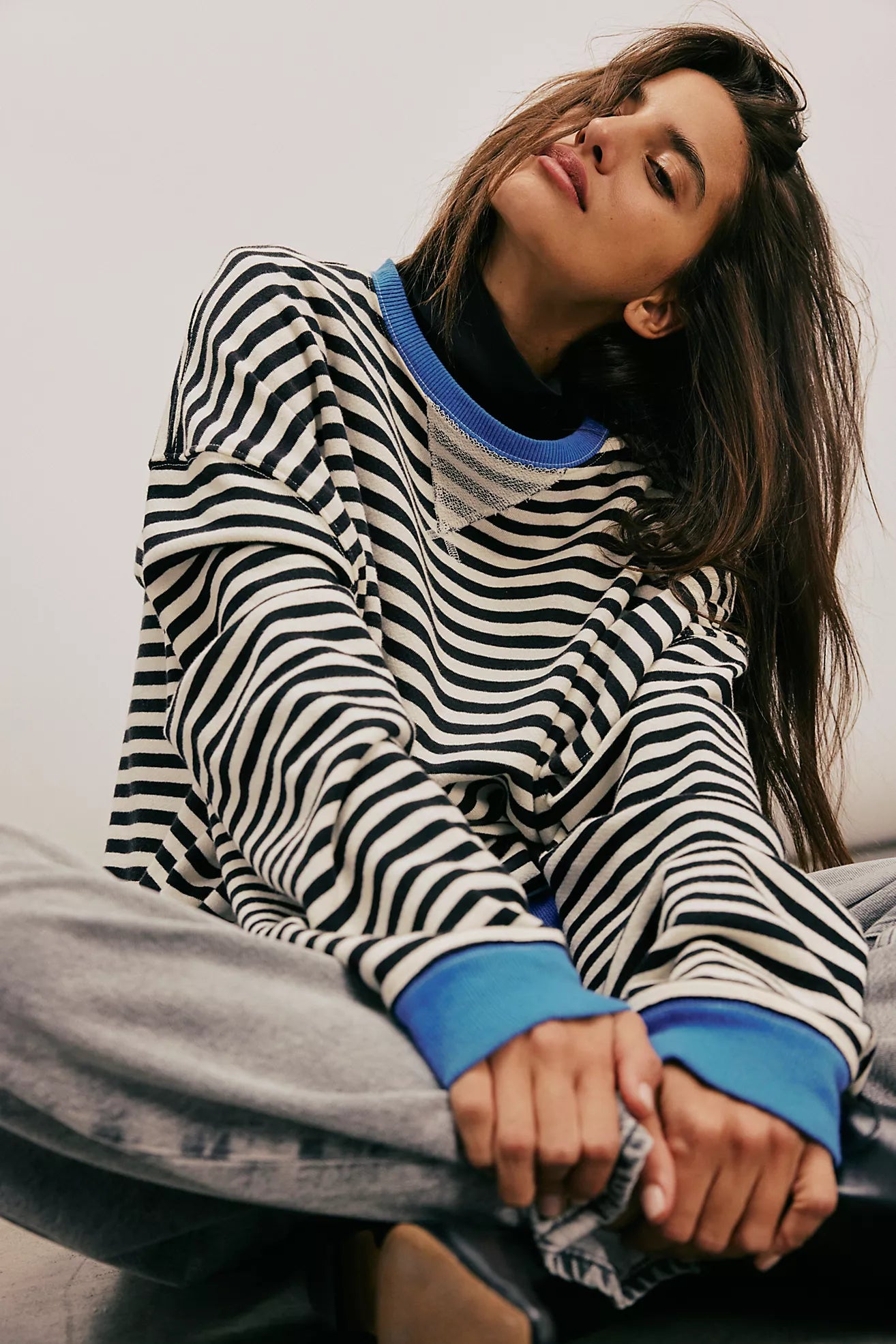 Black Combo Classic Striped Oversized Crewneck