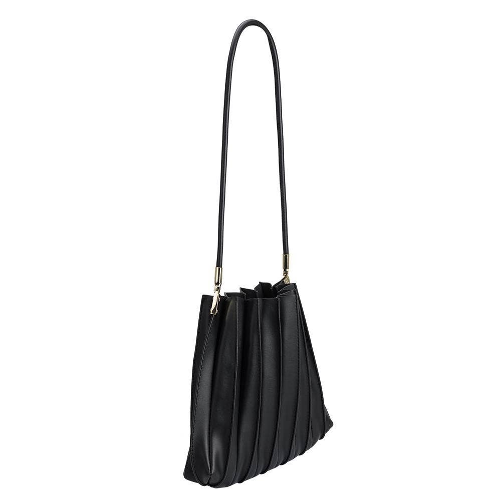 Black Pleated Vegan Leather Shoulder Bag