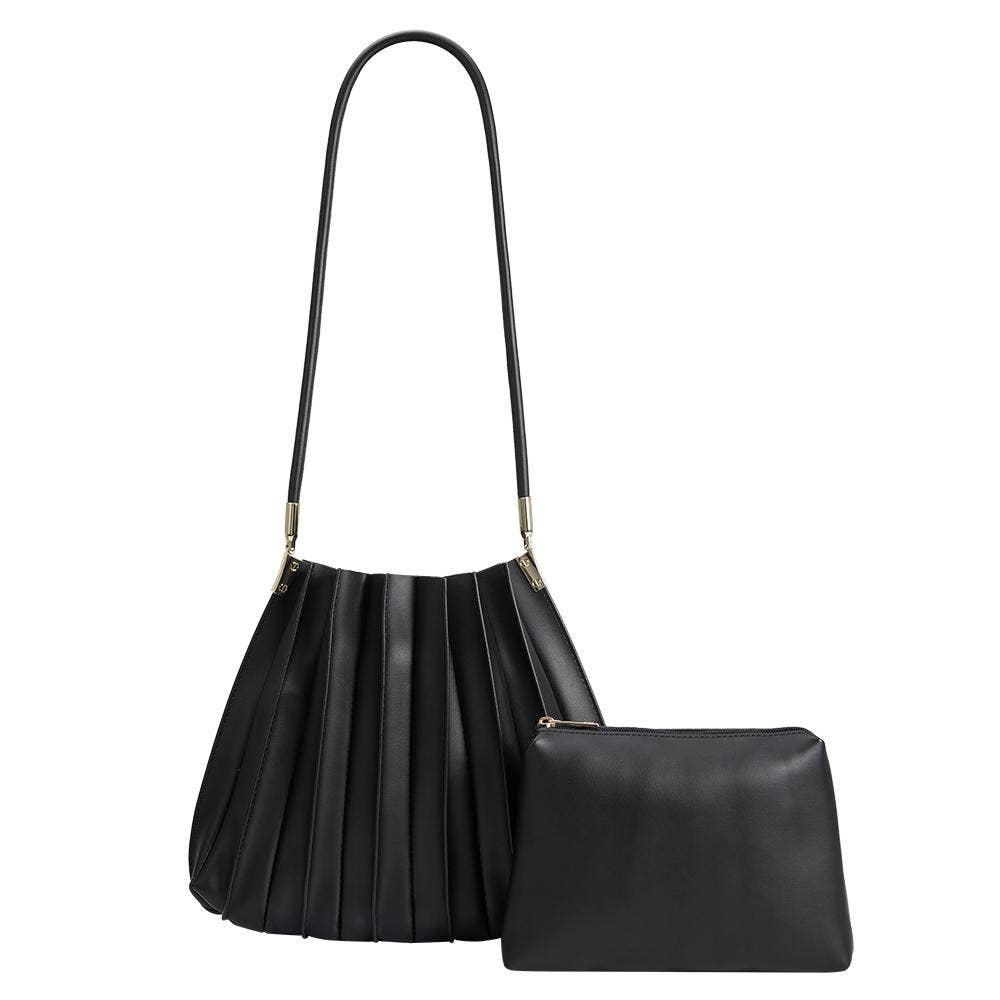 Black Pleated Vegan Leather Shoulder Bag