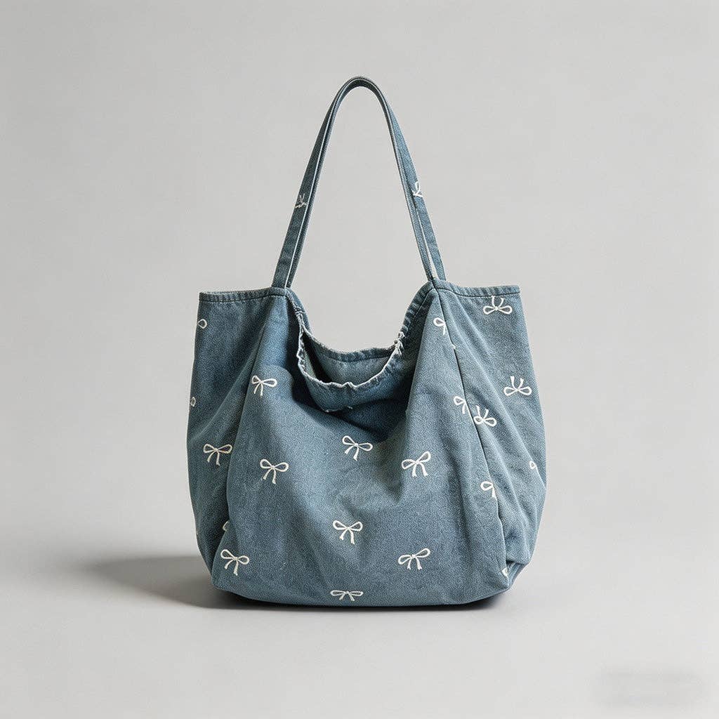 Denim Bow Print Tote Bag