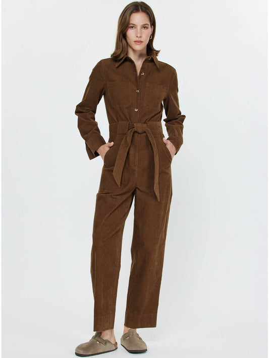 Brown Corduroy Long Sleeve Jumpsuit