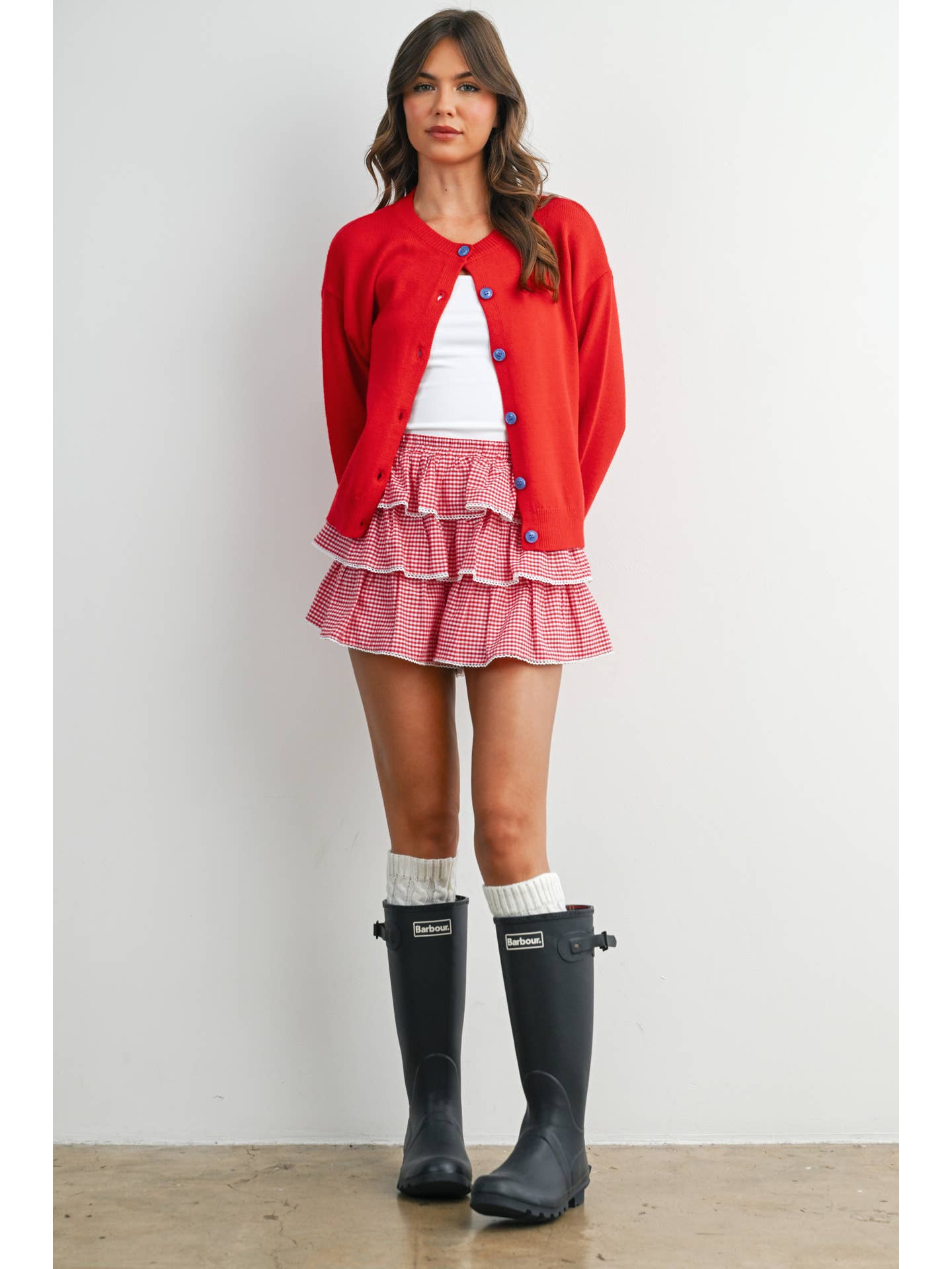 Red Crew Neck Button Front Cardigan