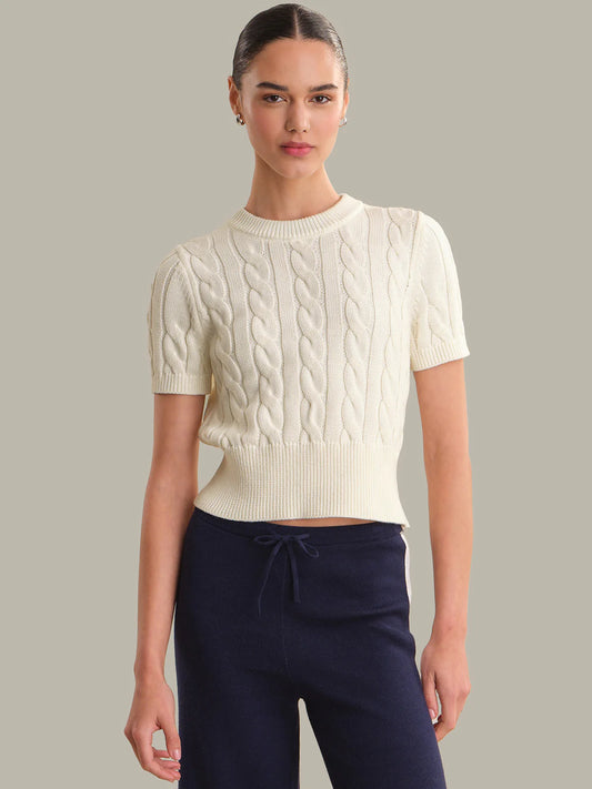 White Short Sleeve Cable Crew Neck