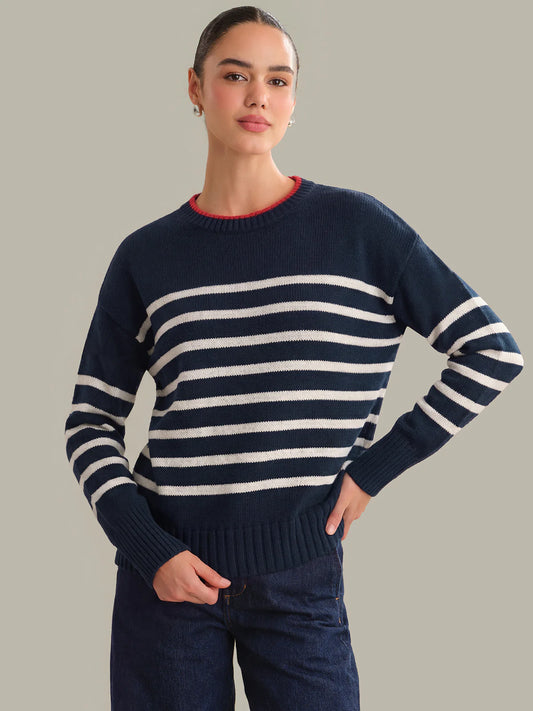 Navy Striped Crew Neck Pullover