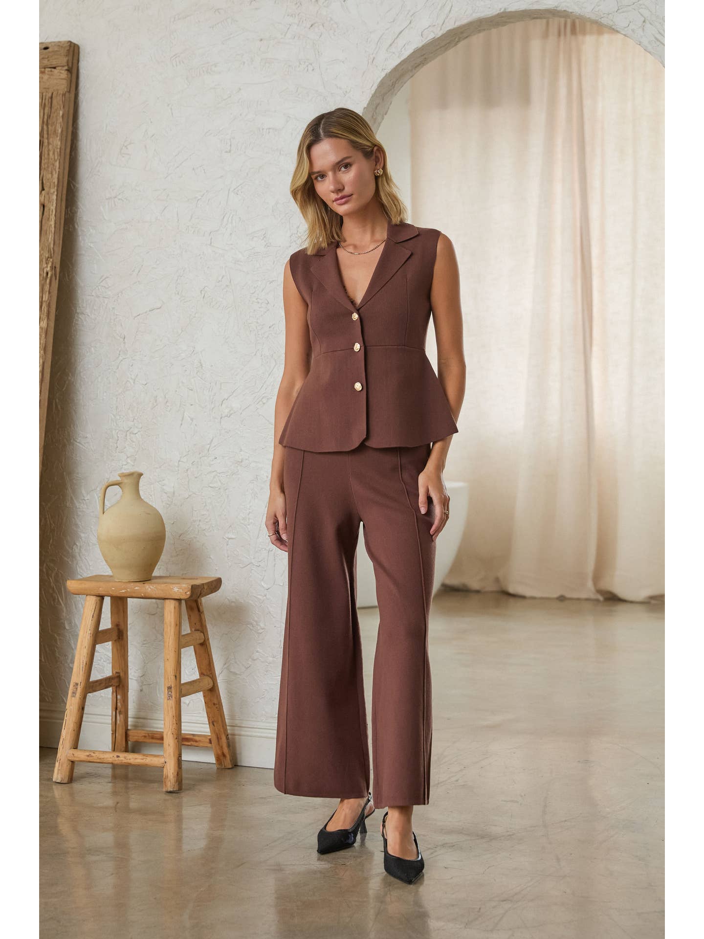 Brown Sleeveless Collared Peplum Vest