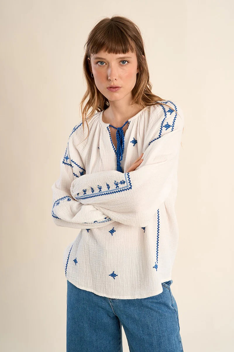 Blue and White Embroidered Blouse