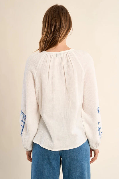 Blue and White Embroidered Blouse