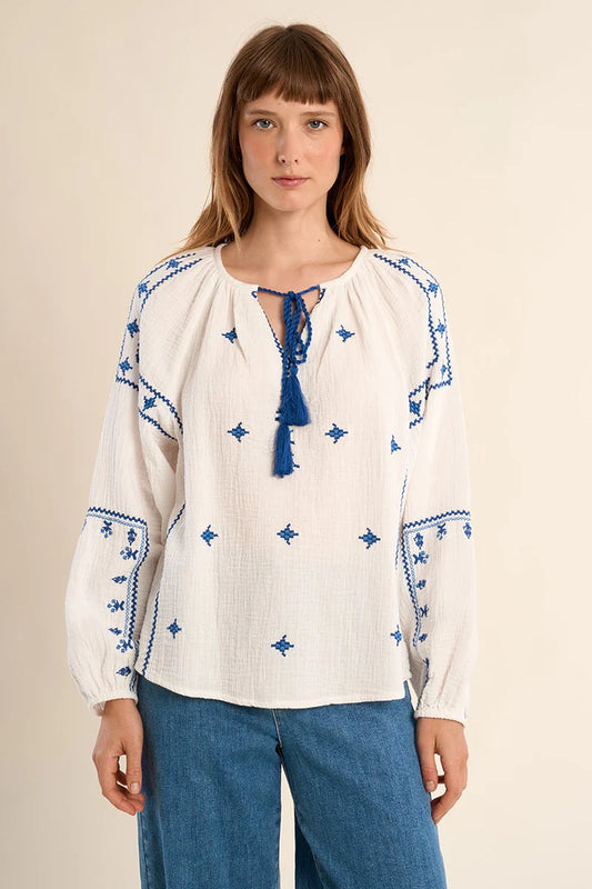 Blue and White Embroidered Blouse