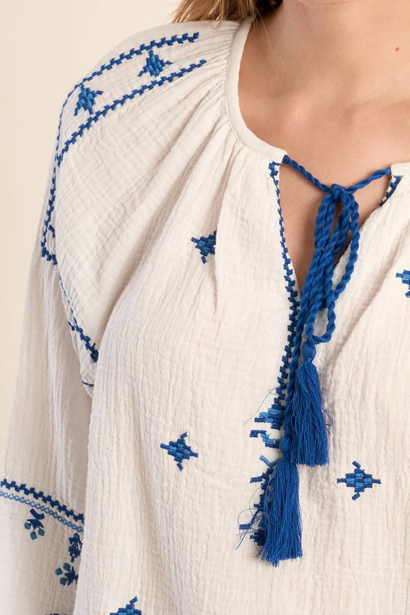 Blue and White Embroidered Blouse