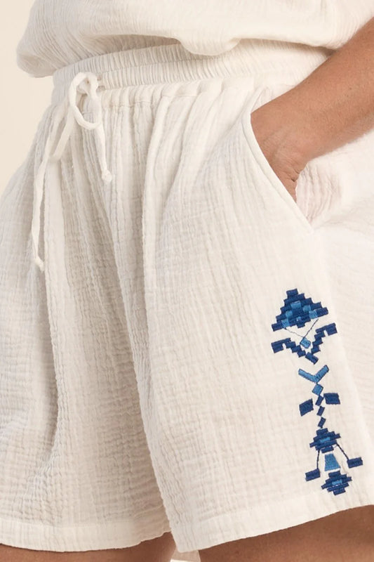White Woven Shorts with Blue Embroidery