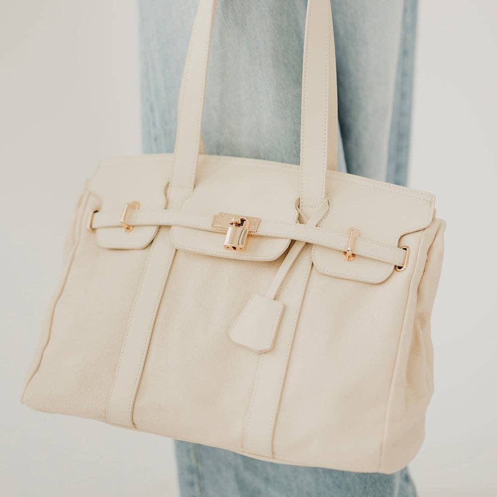 Cream Canvas and Vegan Leather Tote: Cream