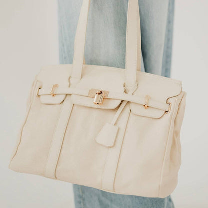 Cream Canvas and Vegan Leather Tote: Cream