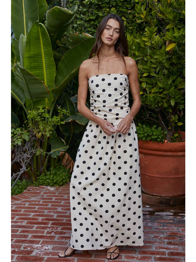 Linen Polka Dot Strapless Tube Midi Dress