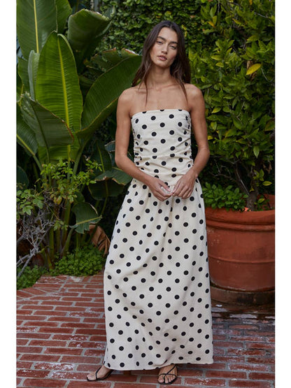 Linen Polka Dot Strapless Tube Midi Dress