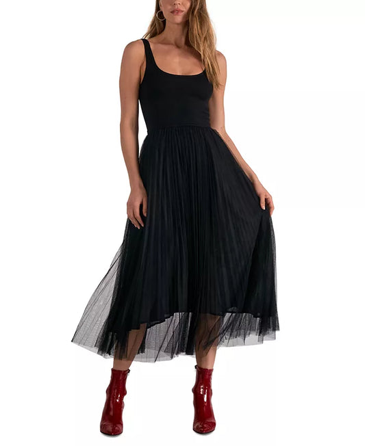 Black Tulle-Trim Scoop-Neck Dress
