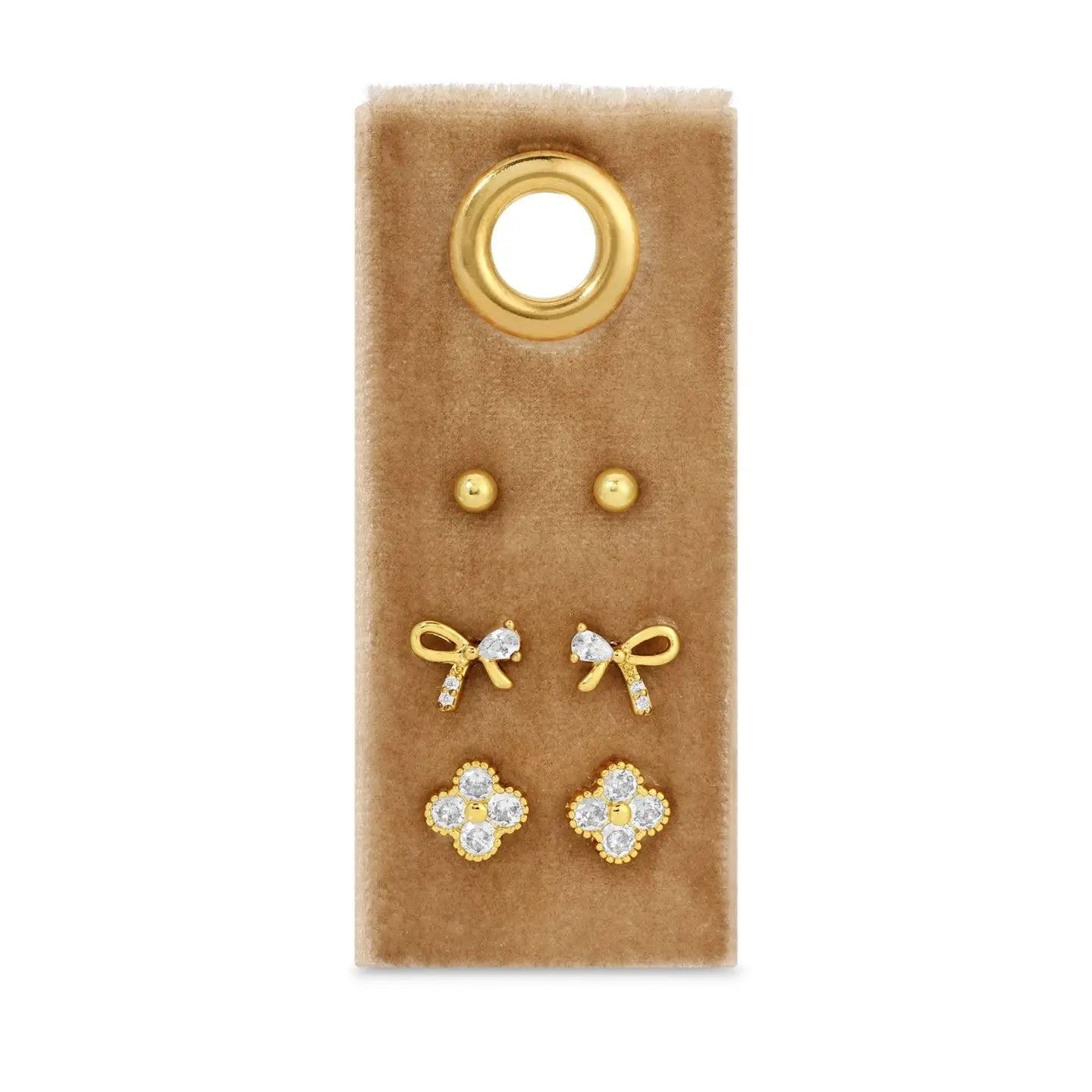 Set/3 Bow Accented Stud Set On Velvet Tag