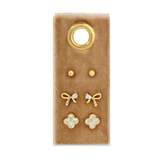Set/3 Bow Accented Stud Set On Velvet Tag