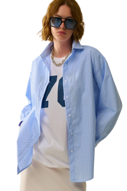 Blue Striped Embellished  Shirt