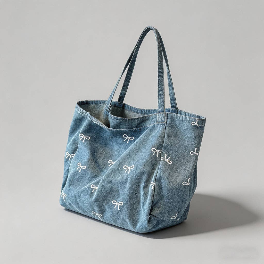Denim Bow Print Tote Bag