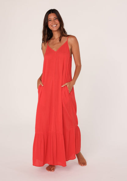 Red Bohemian Sleeveless V-Neck Maxi Dress