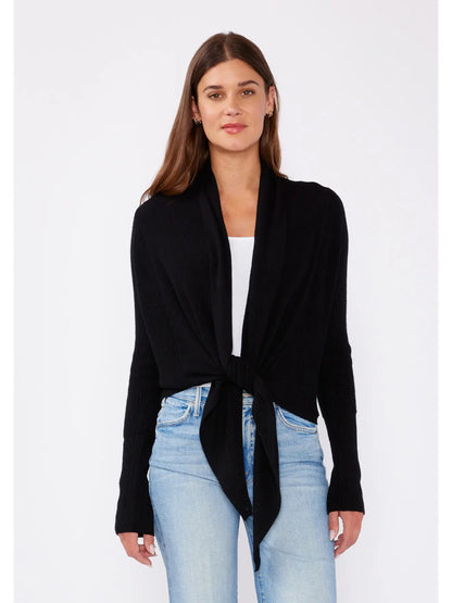 Waffle Knit Long Sleeve Tie Front Cardigan - Black