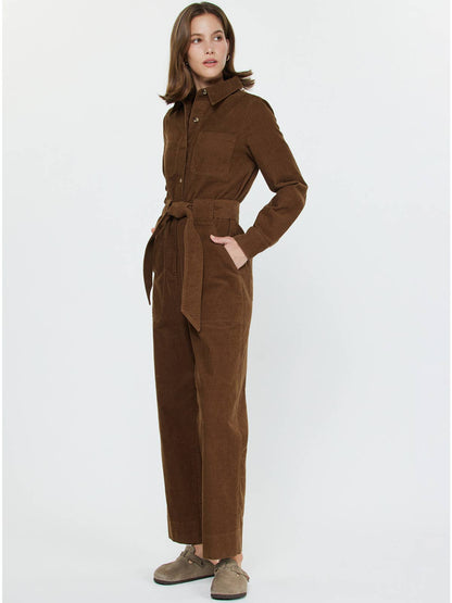 Brown Corduroy Long Sleeve Jumpsuit
