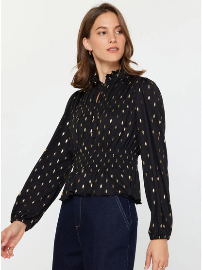 Metallic Foil Dot Peplum Top